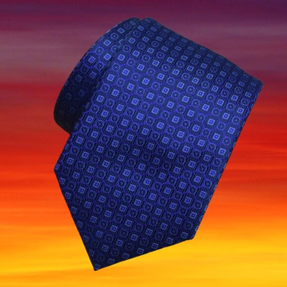 $490 New BRIONI Navy Blue Aqua Micro Squares Geometric Handmade Silk Neck Tie - Picture 1 of 16
